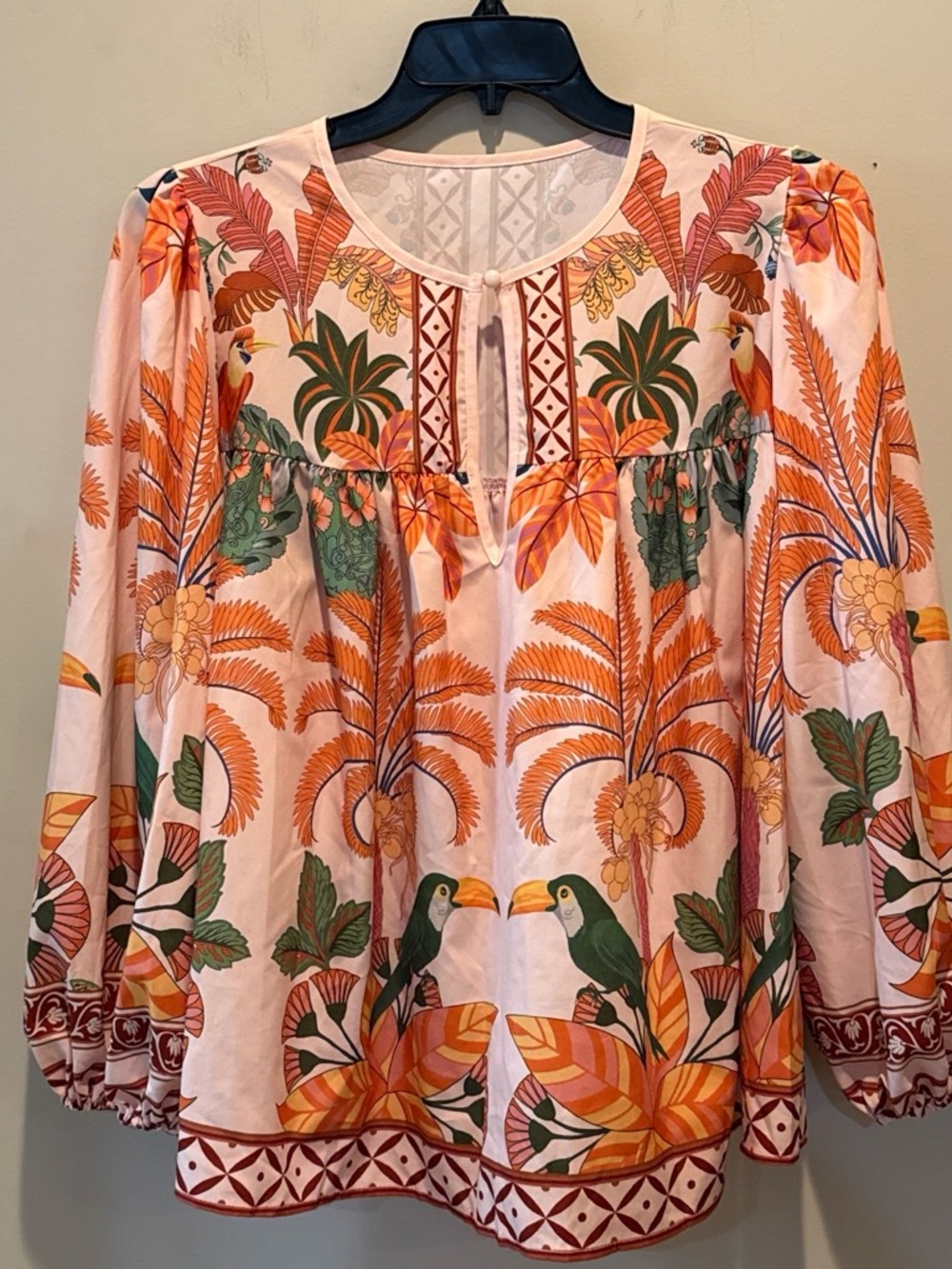 Boho Palm-Print Peasant Top in Peach and Green